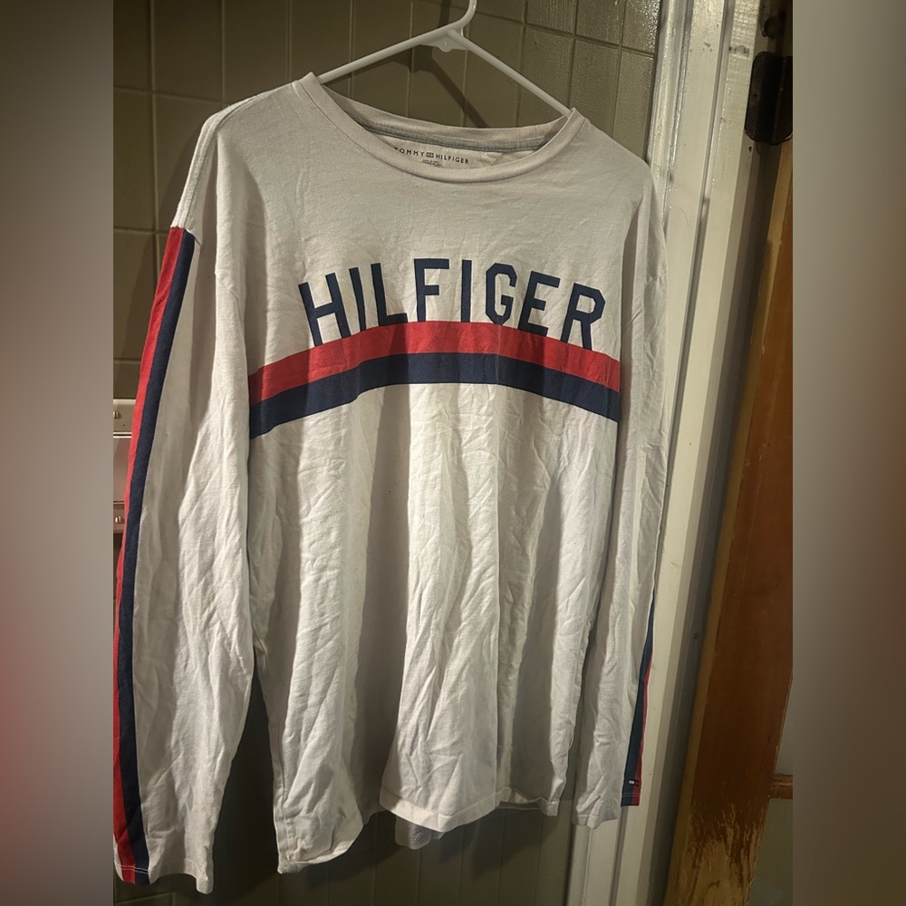Hilfiger White Long Sleeve Shirt with Red and Blue Stripes